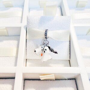 925 Sterling Silver Glow In The Dark Ghost Duet With Bat Dangle Charm